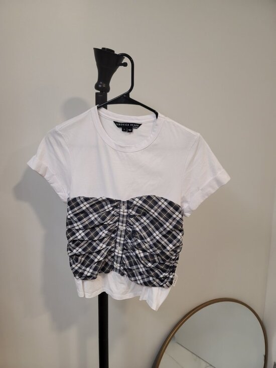 VERONICA BEARD Tops - Veronica Beard Plaid Corset Tee XS White Ruched Bust Top